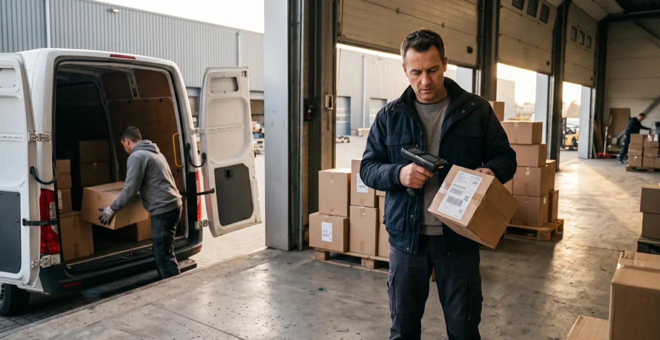 A freight coordinator scans the shipping label on a sealed carton at a loading dock next to a delivery van.