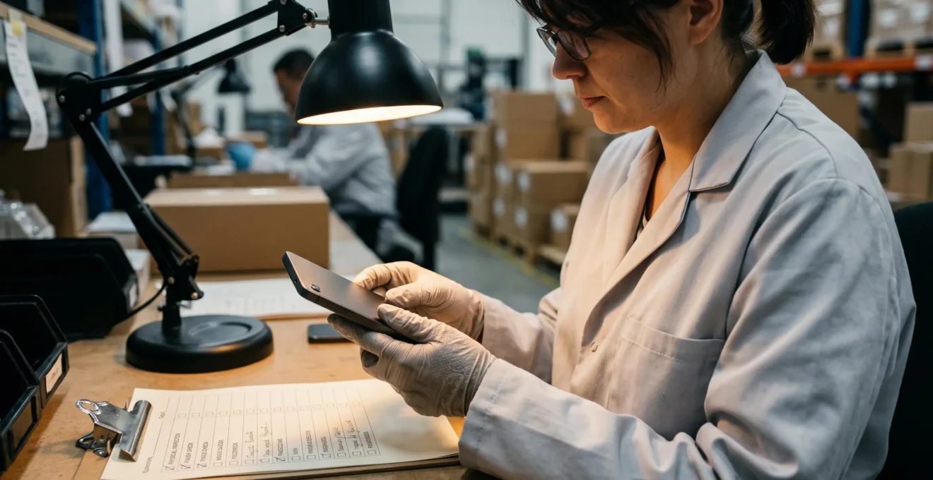 A quality inspector examines a premium electronic device under a desk lamp with a checklist beside her.