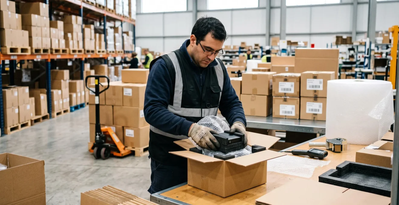 A warehouse worker wraps a high-value product in protective foam before boxing it at a packing station.